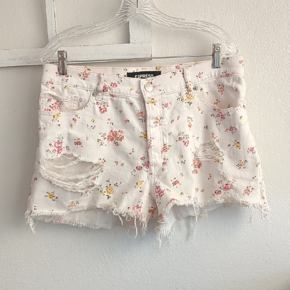 Express Floral Distressed White Shorts